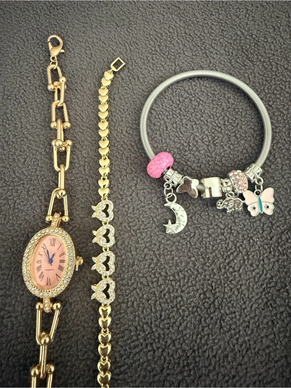 Gold-Tone Pink Dial Women's Bracelet Watch with Heart Link Bracelet